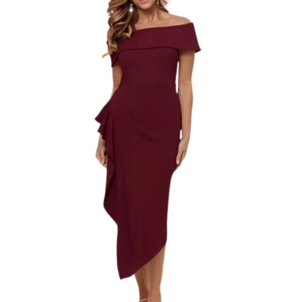 Betsy & Adam Off The Shoulder Ruffle Scuba Midi Dress in Burgundy sz 6